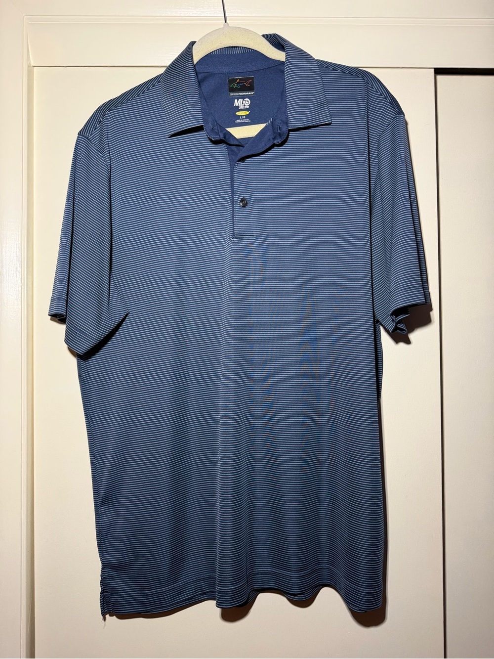 Greg Norman Men’s Blue Micro-Stripe Polo Golf Shirt Size Large